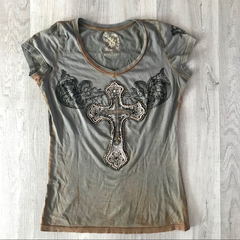 Buckle Shirt - Velvet Stone w/ Bejeweled Cross